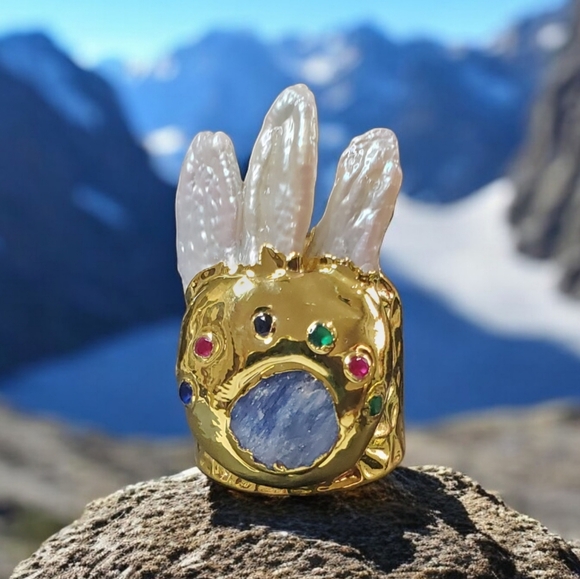 New Unique Baroque Pearl Crystal Hammered Chunky Ring - Picture 3 of 6